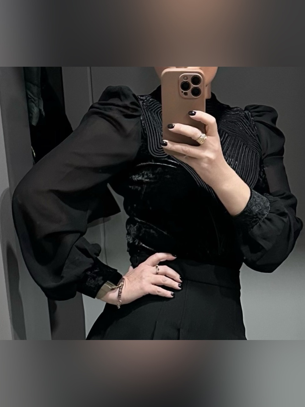 Gracia Black Velvet & Sheer Long-Sleeve Top with Sculpted Yoke